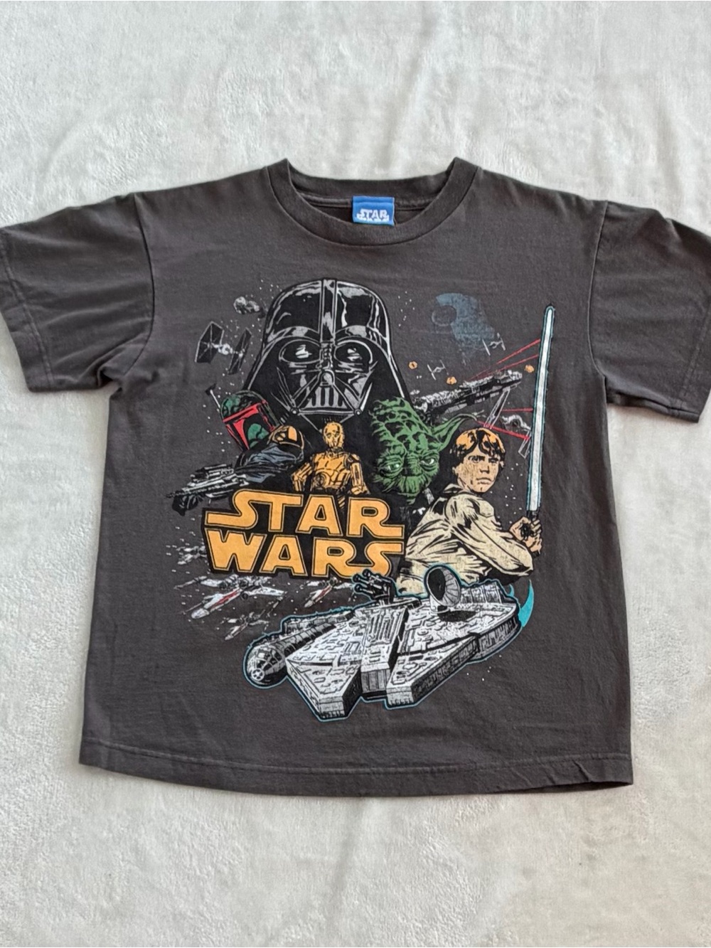 VINTAGE STAR WARS CLASSIC GRAPHIC T SHIRT BOYS LARGE GRAY DARTH VADER YODA MOVIE